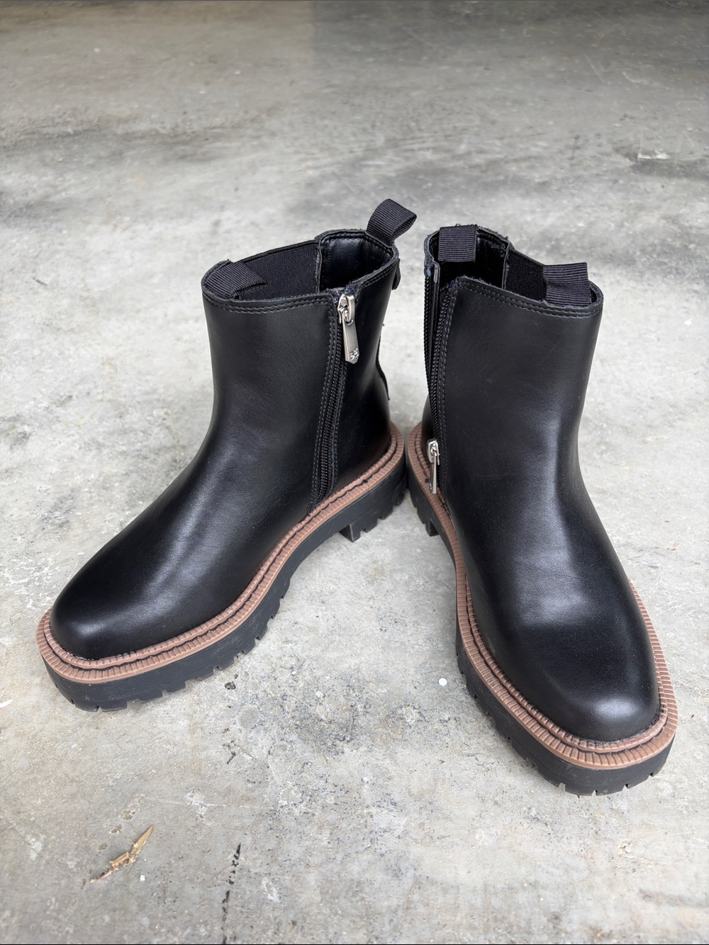 Sam Edelman Black Leather Kids Zip Ankle Boots with Brown Trim